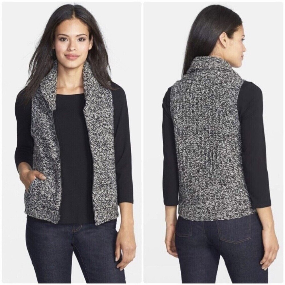 EILEEN FISHER Women Black Gray White YAK WOOL Full Zip Knit Sweater Vest Small